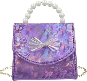 BOLLEY JOSS Kids Mini Purse Little Girls Shiny Holographic Handbag with Pearl Handle Gold Chain Cute Bowknot Purse