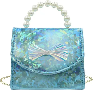 BOLLEY JOSS Kids Mini Purse Little Girls Shiny Holographic Handbag with Pearl Handle Gold Chain Cute Bowknot Purse