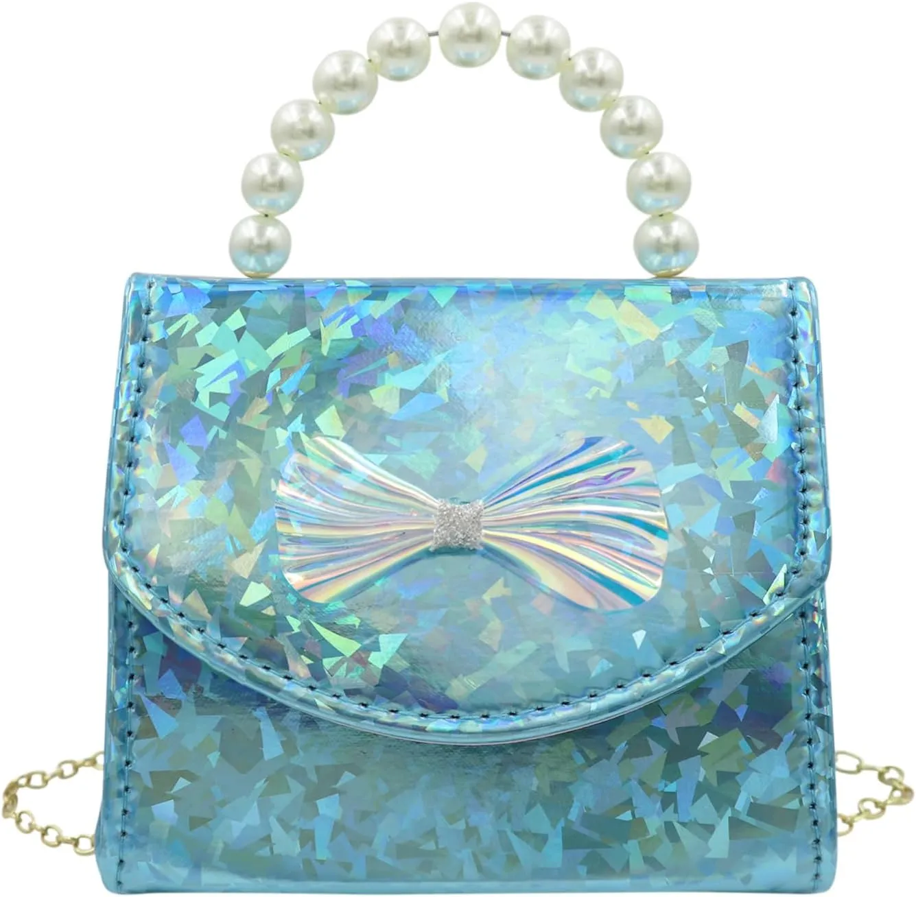 BOLLEY JOSS Kids Mini Purse Little Girls Shiny Holographic Handbag with Pearl Handle Gold Chain Cute Bowknot Purse