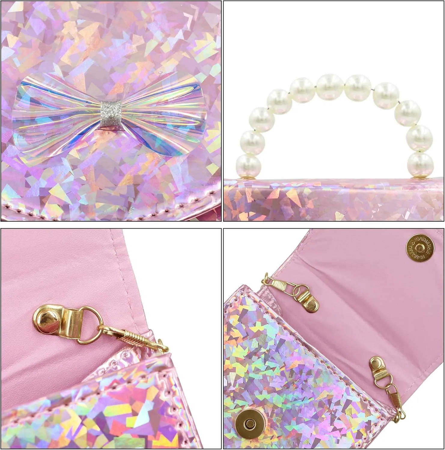 BOLLEY JOSS Kids Mini Purse Little Girls Shiny Holographic Handbag with Pearl Handle Gold Chain Cute Bowknot Purse