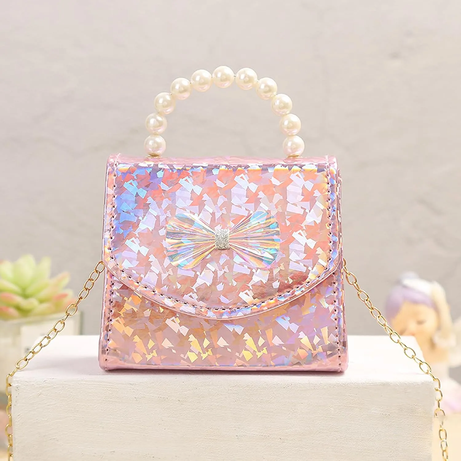 BOLLEY JOSS Kids Mini Purse Little Girls Shiny Holographic Handbag with Pearl Handle Gold Chain Cute Bowknot Purse