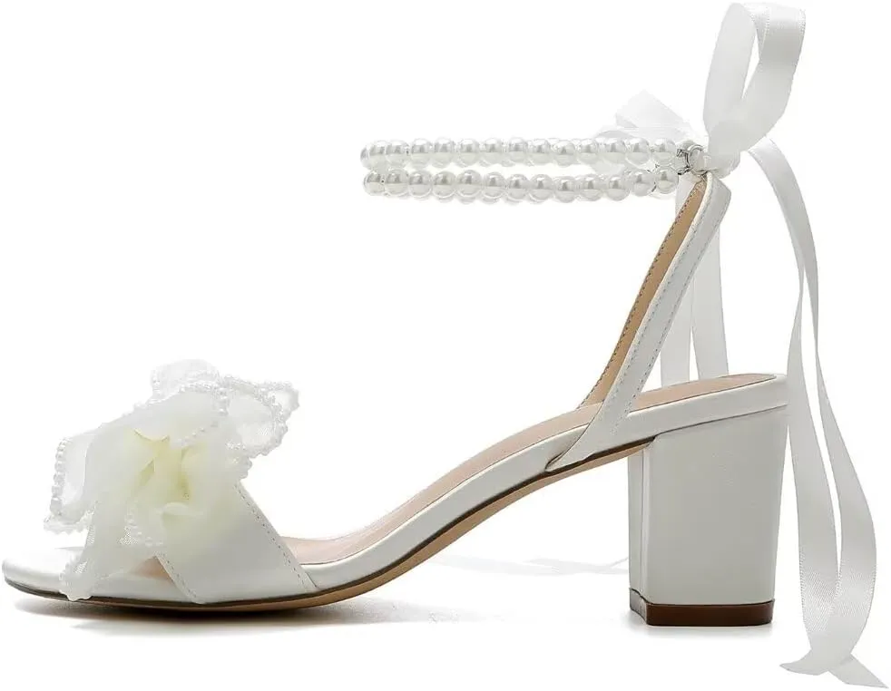 Bow Knot Heeled Sandals Wedding Shoes for Bride Block Heel Wedding Sandals Pearl Heels Bridal Shoes
