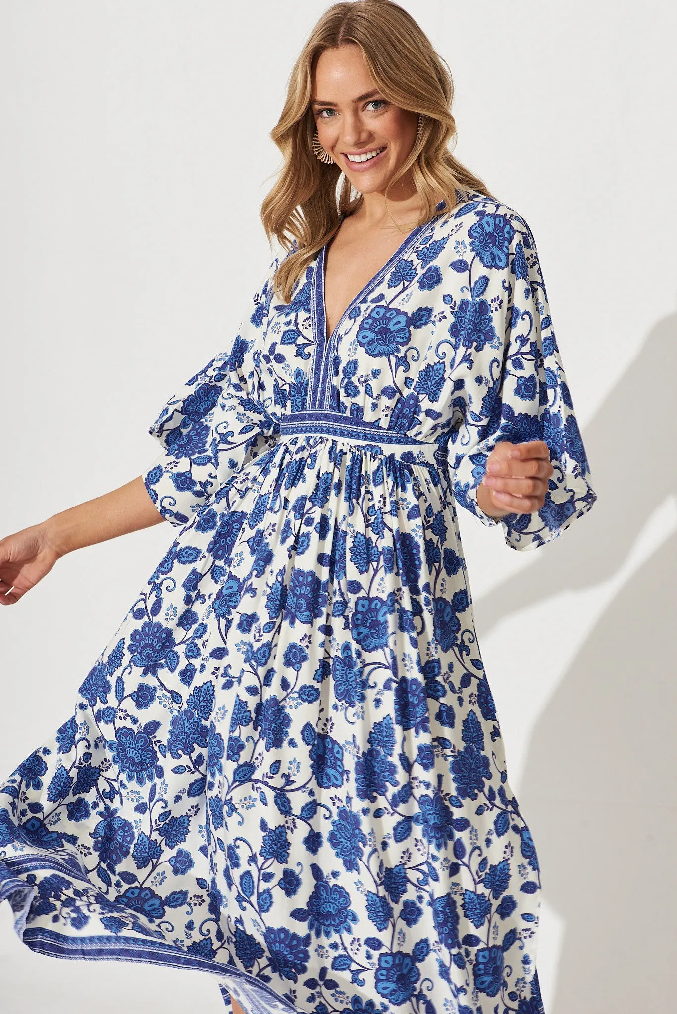 Break Free Maxi Dress In Cream With Blue Floral Border Print