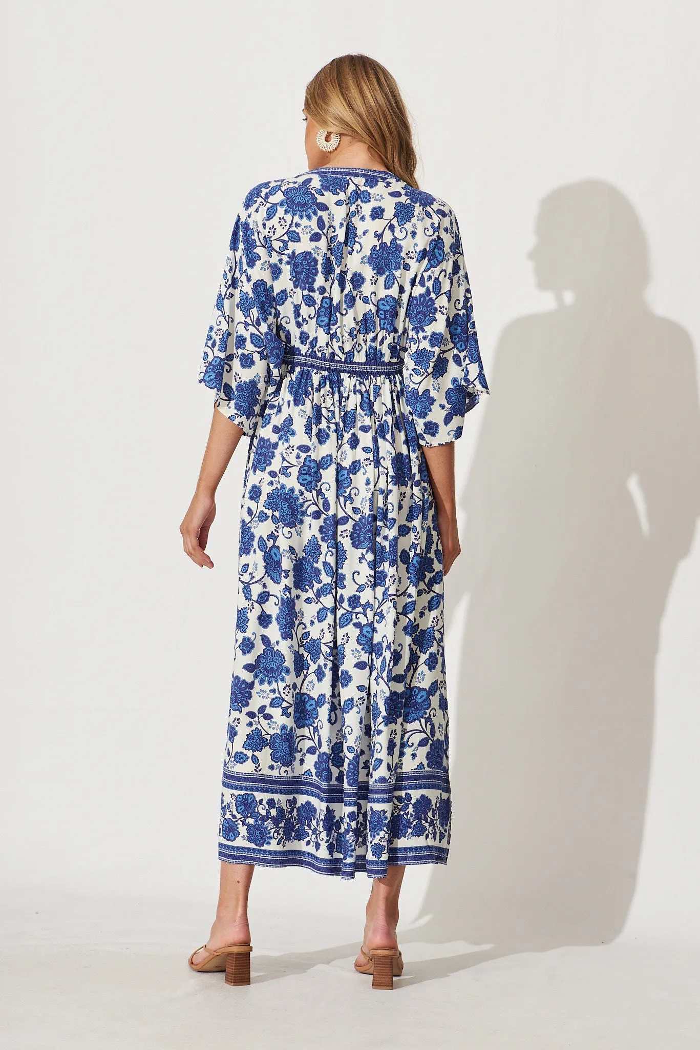 Break Free Maxi Dress In Cream With Blue Floral Border Print