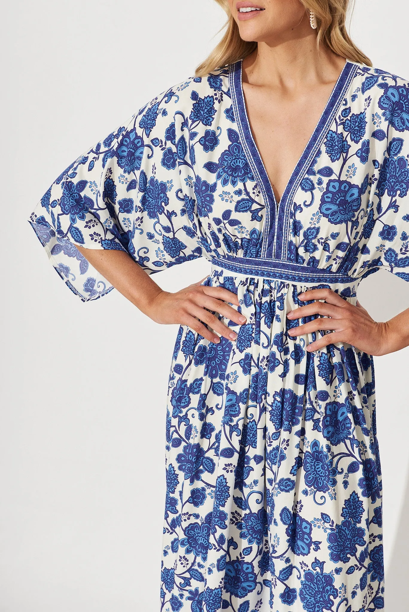 Break Free Maxi Dress In Cream With Blue Floral Border Print