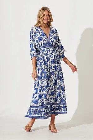 Break Free Maxi Dress In Cream With Blue Floral Border Print