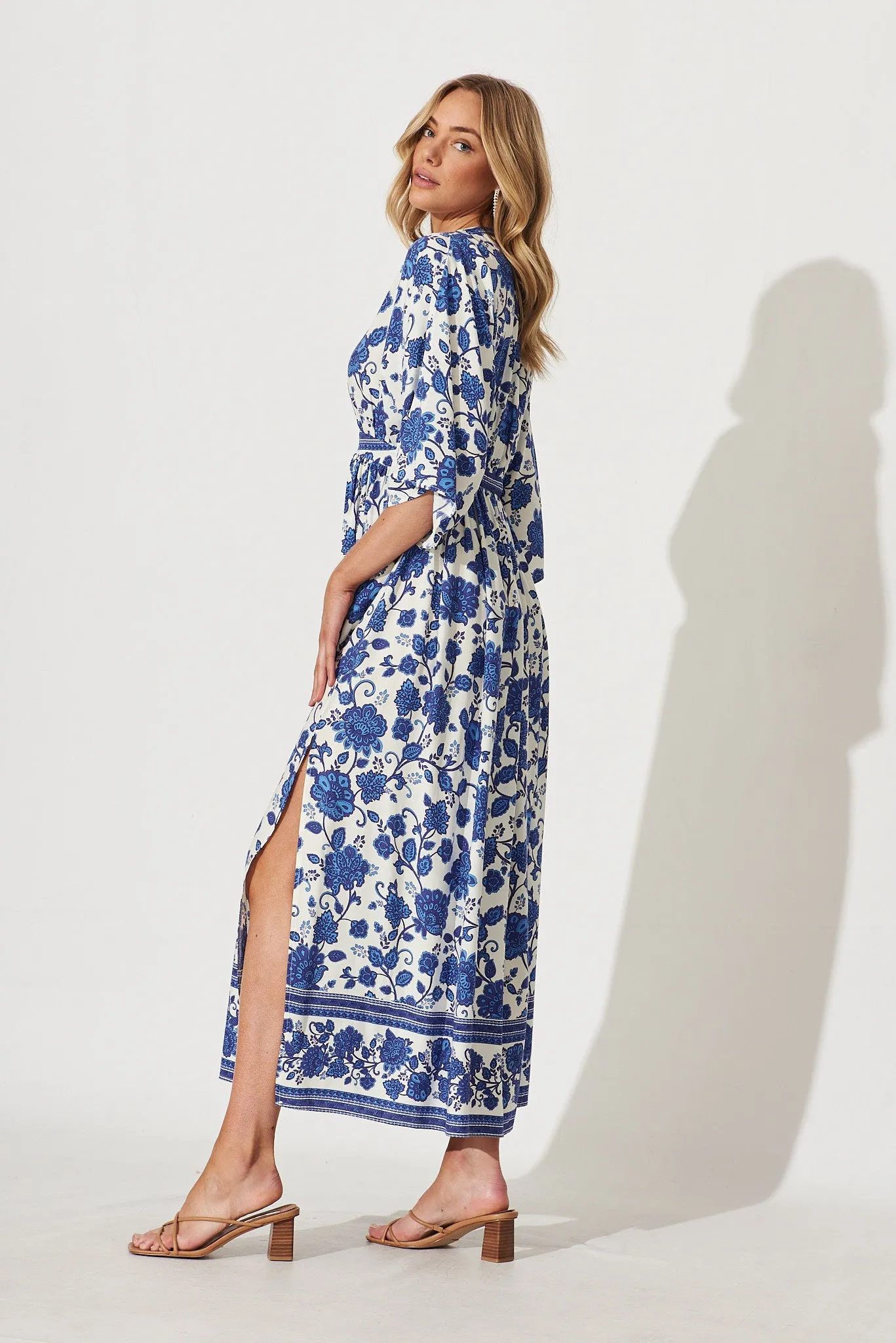 Break Free Maxi Dress In Cream With Blue Floral Border Print