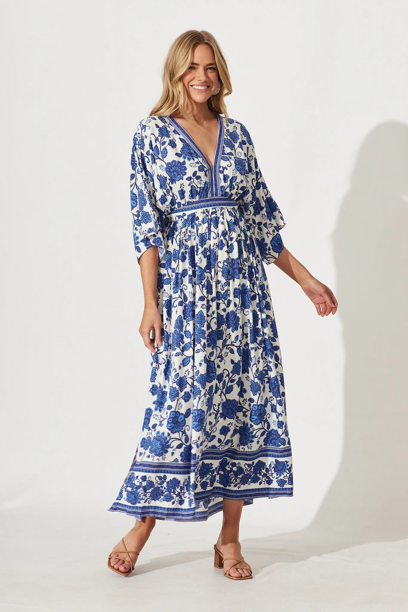 Break Free Maxi Dress In Cream With Blue Floral Border Print