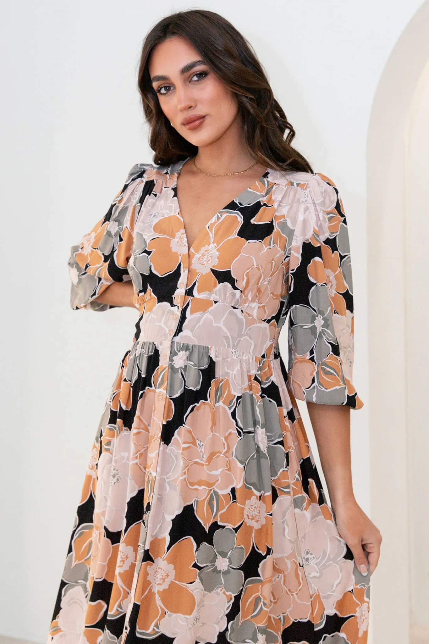 Brixton Midi Dress In Rust With Khaki Floral