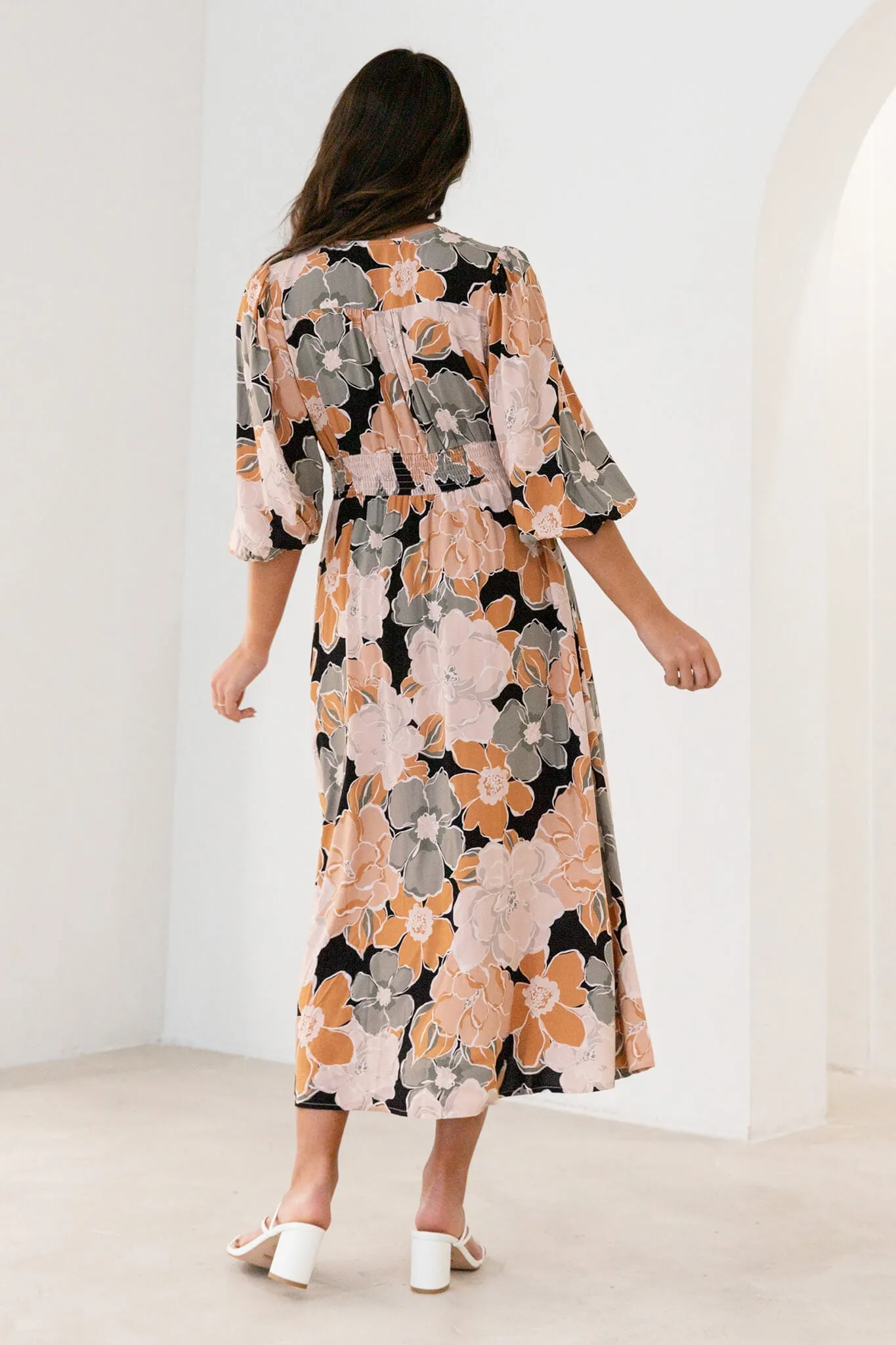 Brixton Midi Dress In Rust With Khaki Floral