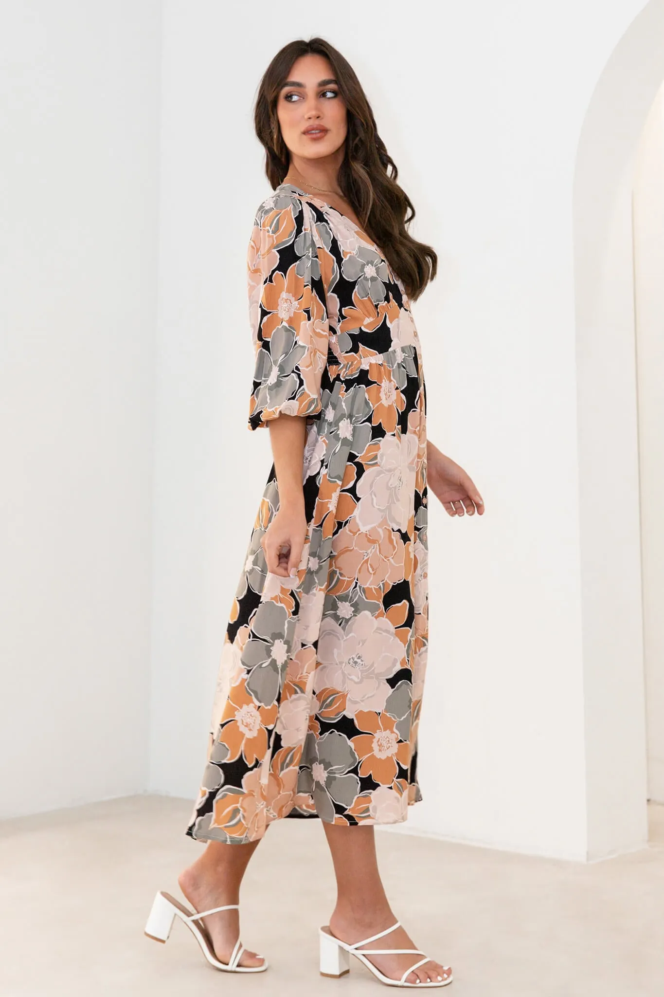 Brixton Midi Dress In Rust With Khaki Floral