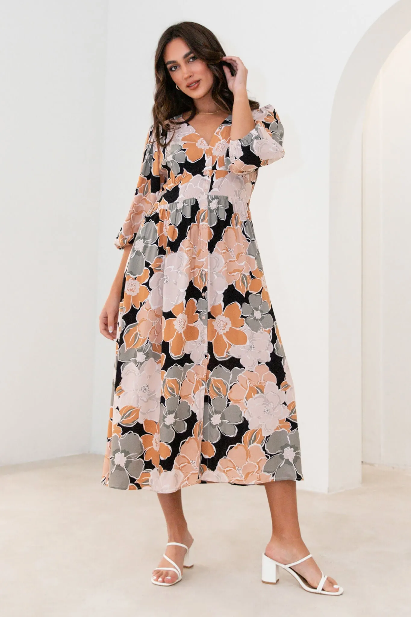 Brixton Midi Dress In Rust With Khaki Floral