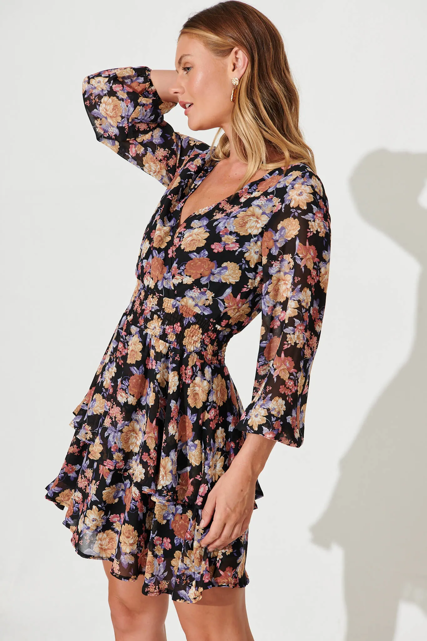 Brunetti Dress In Black Multi Floral Chiffon