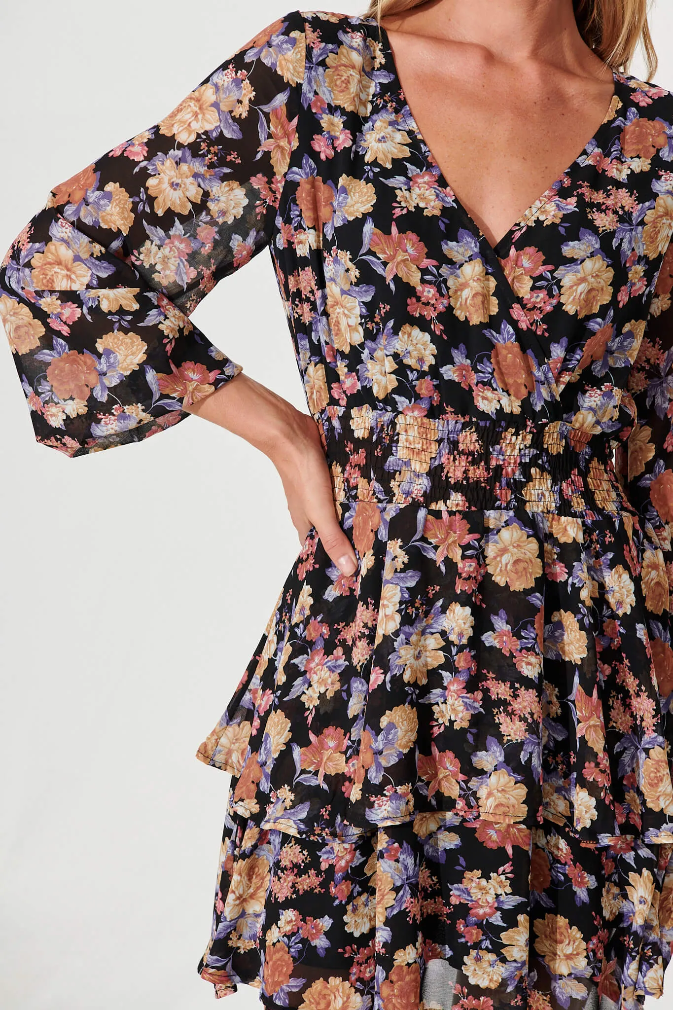 Brunetti Dress In Black Multi Floral Chiffon