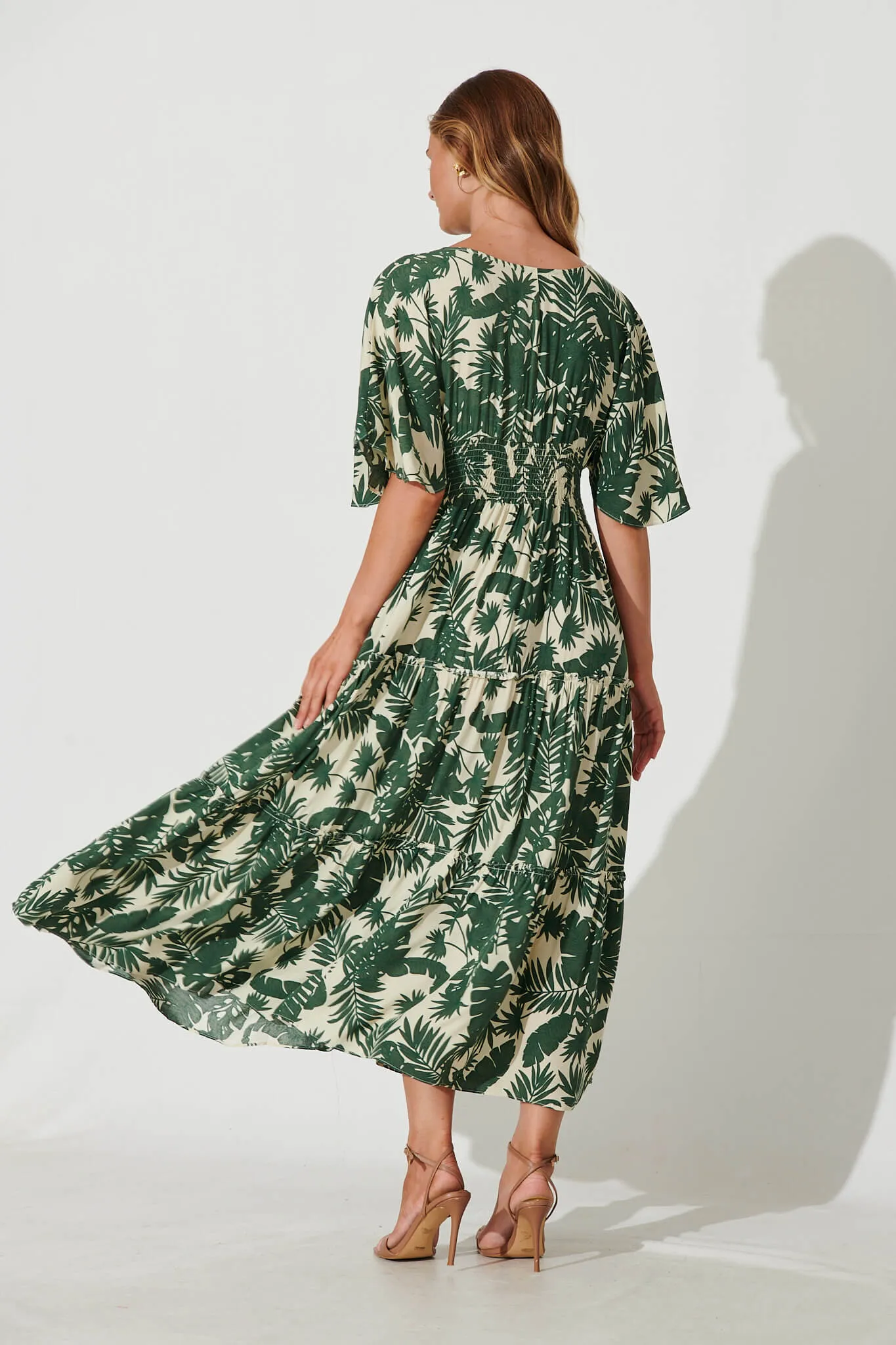 Cameo Maxi Dress In White With Green Leaf Print