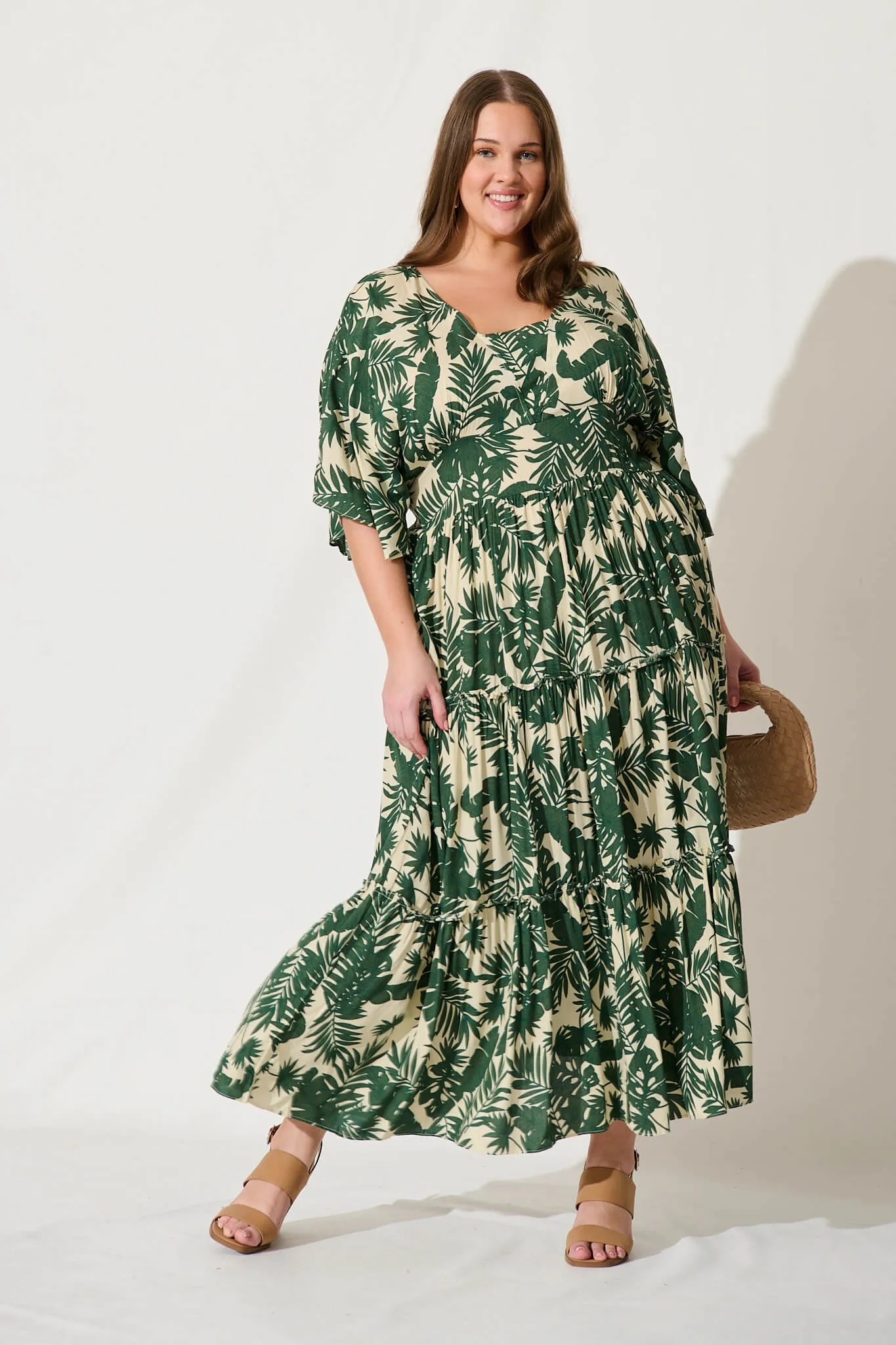 Cameo Maxi Dress In White With Green Leaf Print