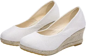 Canvas Wedges Sandals for Women Closed Rounded Toe Wedges Platform Heels Casual Sandals Slip On Woven Casual Pumps Shoes Nurse Shoe Comfortable Breathable Walking Beach Shoes