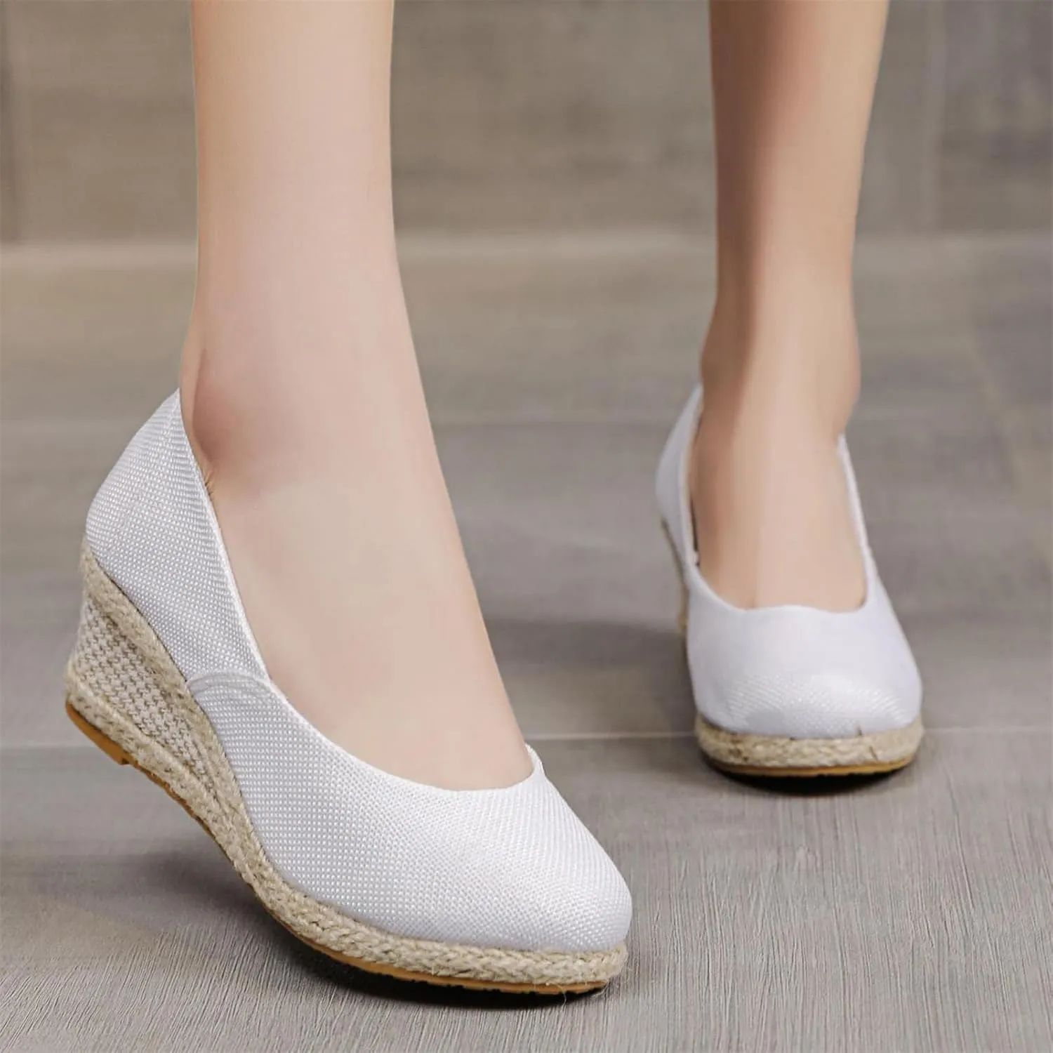 Canvas Wedges Sandals for Women Closed Rounded Toe Wedges Platform Heels Casual Sandals Slip On Woven Casual Pumps Shoes Nurse Shoe Comfortable Breathable Walking Beach Shoes