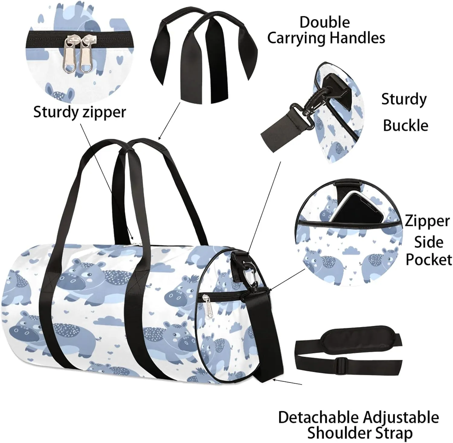 Cartoon Hippo Sports Gym Bag for Men Women Lightweight Travel Duffle Bag with Shoulder Strap Waterproof Carry On Weekender Overnight Bag for Travel Sports Gym