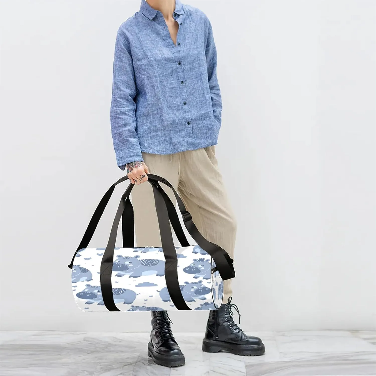 Cartoon Hippo Sports Gym Bag for Men Women Lightweight Travel Duffle Bag with Shoulder Strap Waterproof Carry On Weekender Overnight Bag for Travel Sports Gym