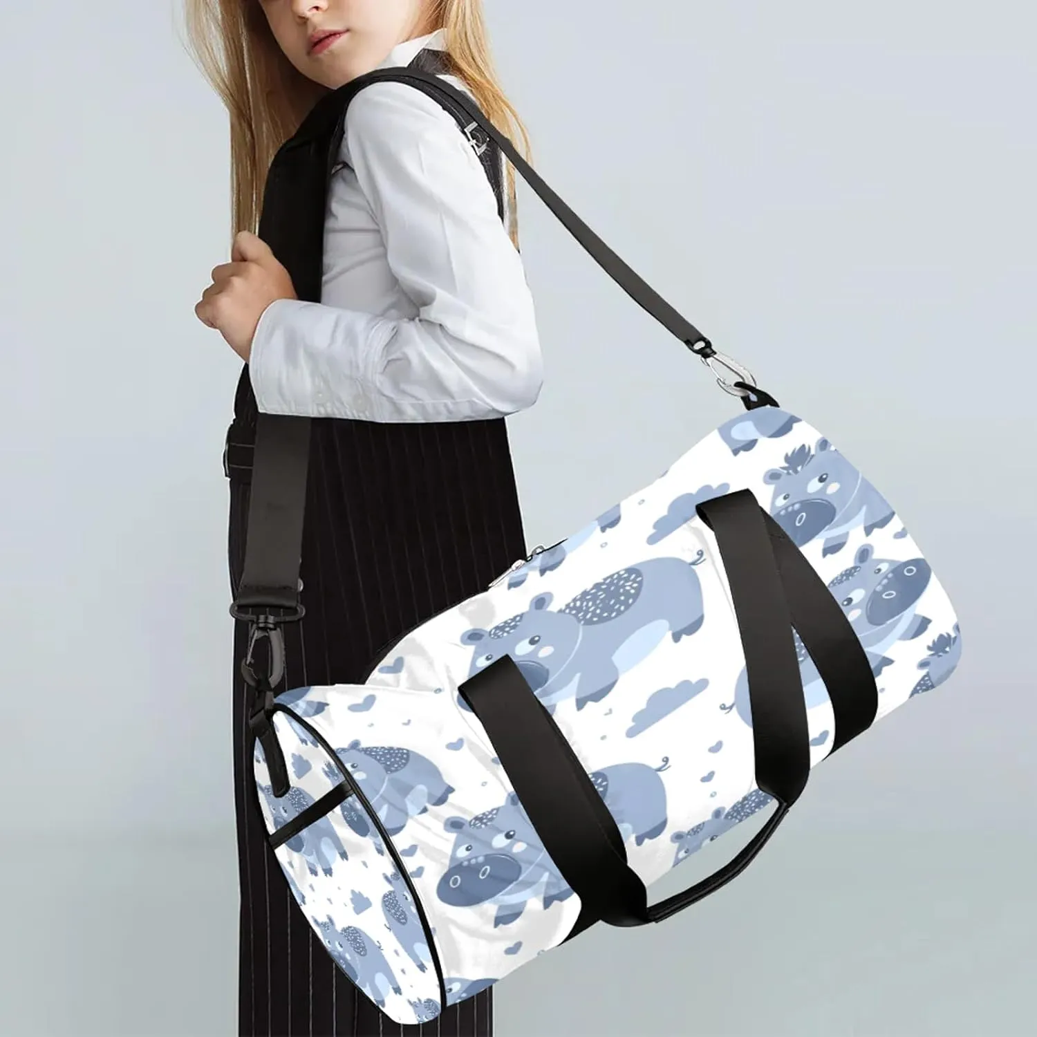 Cartoon Hippo Sports Gym Bag for Men Women Lightweight Travel Duffle Bag with Shoulder Strap Waterproof Carry On Weekender Overnight Bag for Travel Sports Gym