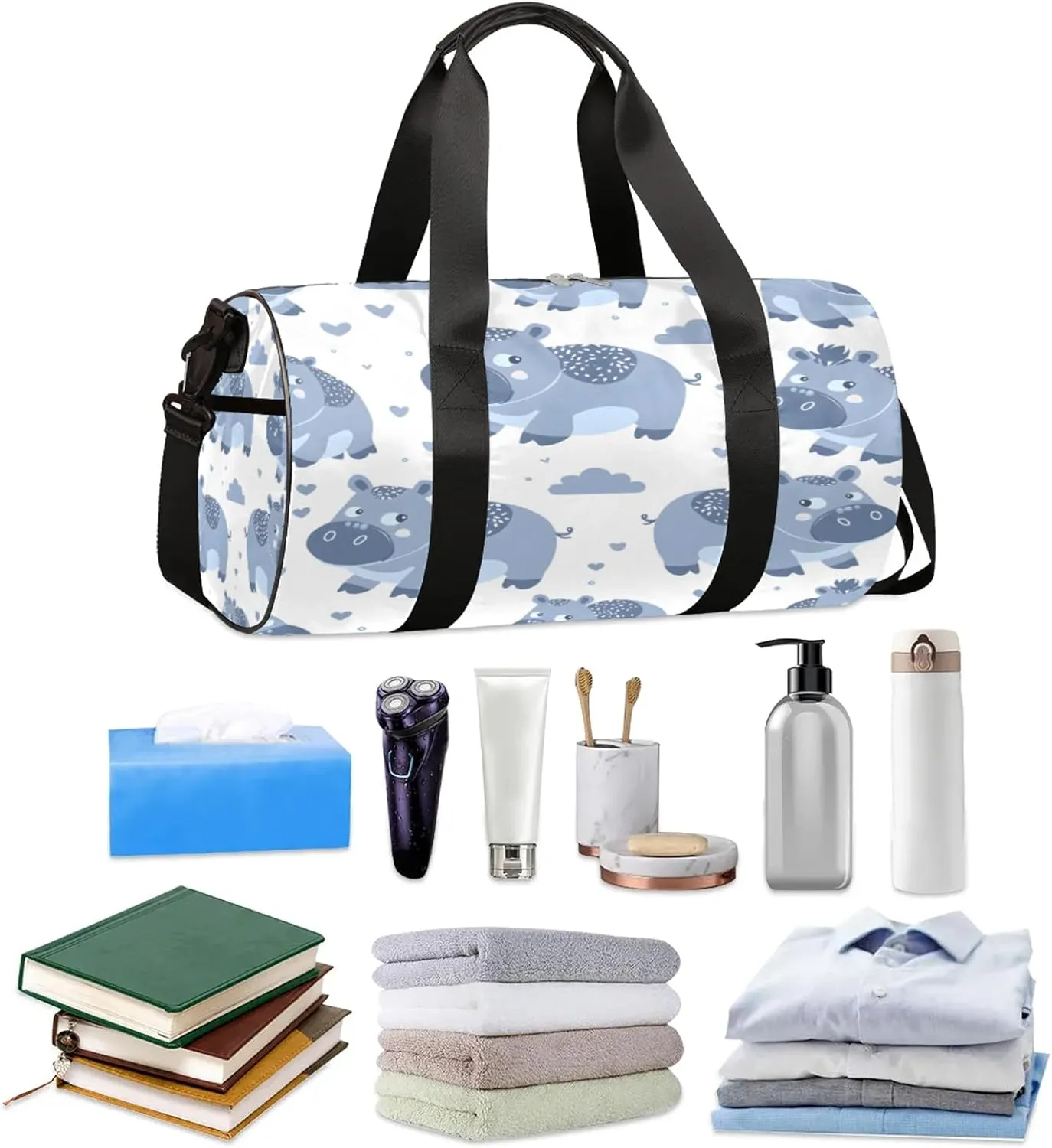 Cartoon Hippo Sports Gym Bag for Men Women Lightweight Travel Duffle Bag with Shoulder Strap Waterproof Carry On Weekender Overnight Bag for Travel Sports Gym