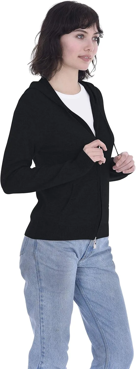 Cashmeren Women’s Full Zip Drawstring Hoodie with Pockets 100% Pure Cashmere Long Sleeve Zipped Down Sweater