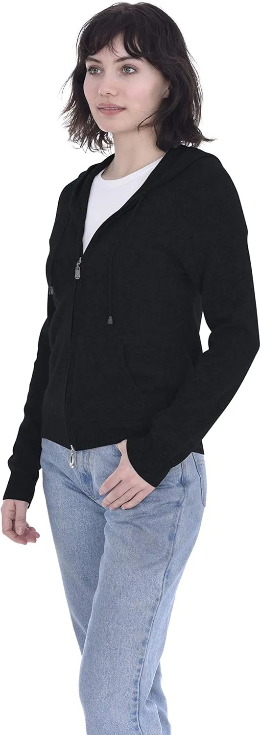 Cashmeren Women’s Full Zip Drawstring Hoodie with Pockets 100% Pure Cashmere Long Sleeve Zipped Down Sweater