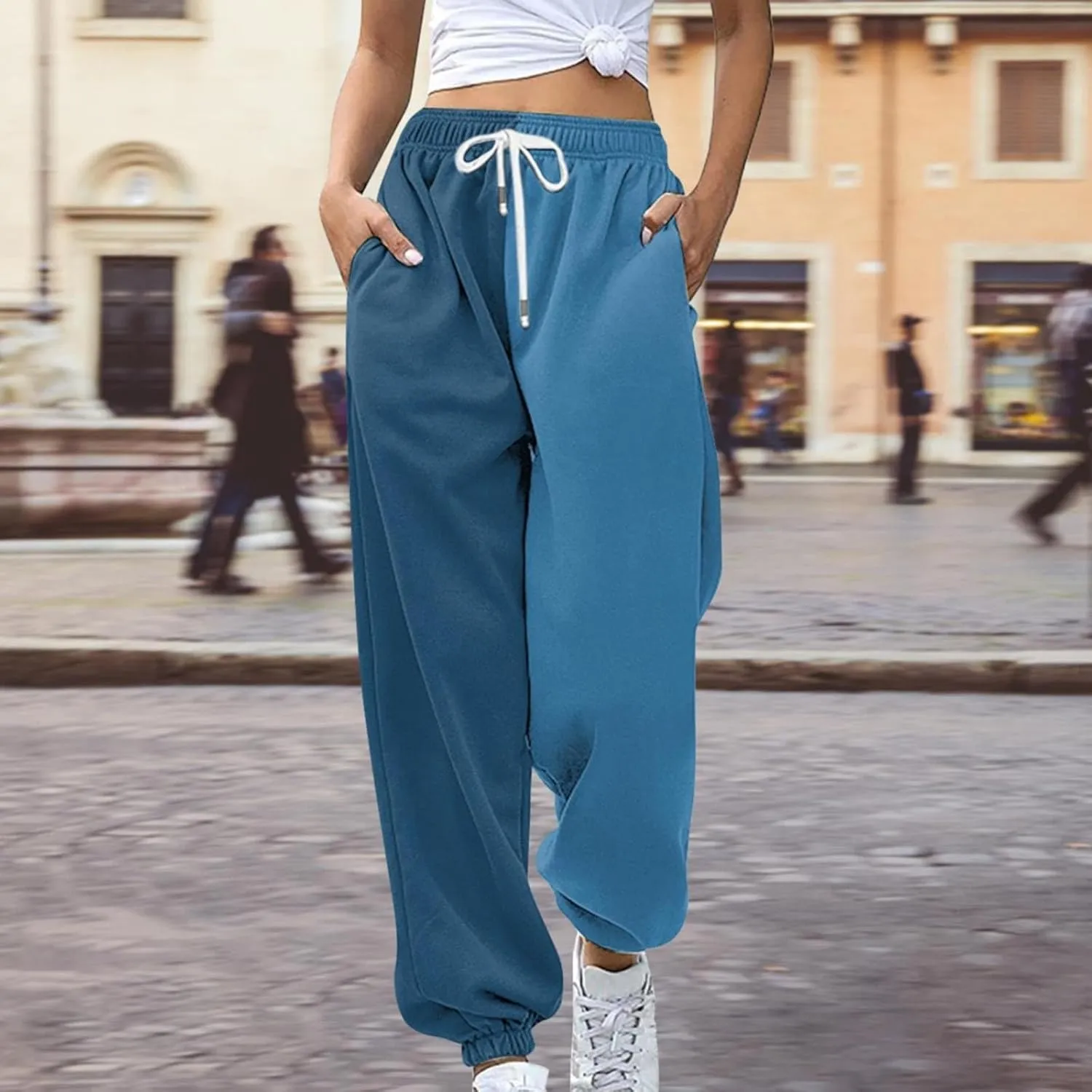 Casual Two Tone Joggers for Women Loose Drawstring Elastic High Waisted Sweatpants Ankle Cuffed Sport Activewear with Pockets