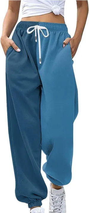Casual Two Tone Joggers for Women Loose Drawstring Elastic High Waisted Sweatpants Ankle Cuffed Sport Activewear with Pockets