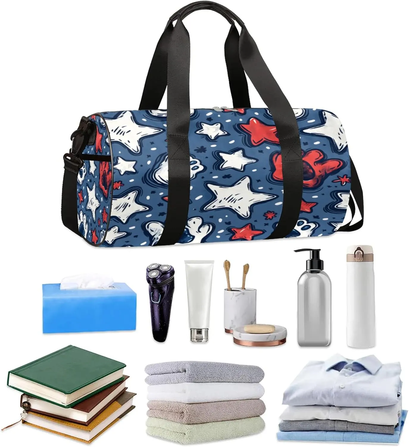 Cat Paw Star Print Sports Gym Bag for Men Women Lightweight Travel Duffle Bag with Shoulder Strap Waterproof Carry On Weekender Overnight Bag for Travel Sports Gym