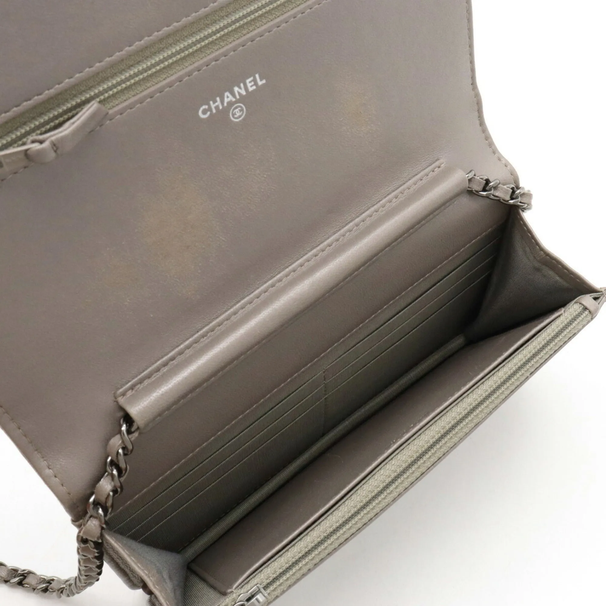 CHANEL Matelasse Coco Mark Chain Shoulder Bag Pochette Metallic Leather Gray