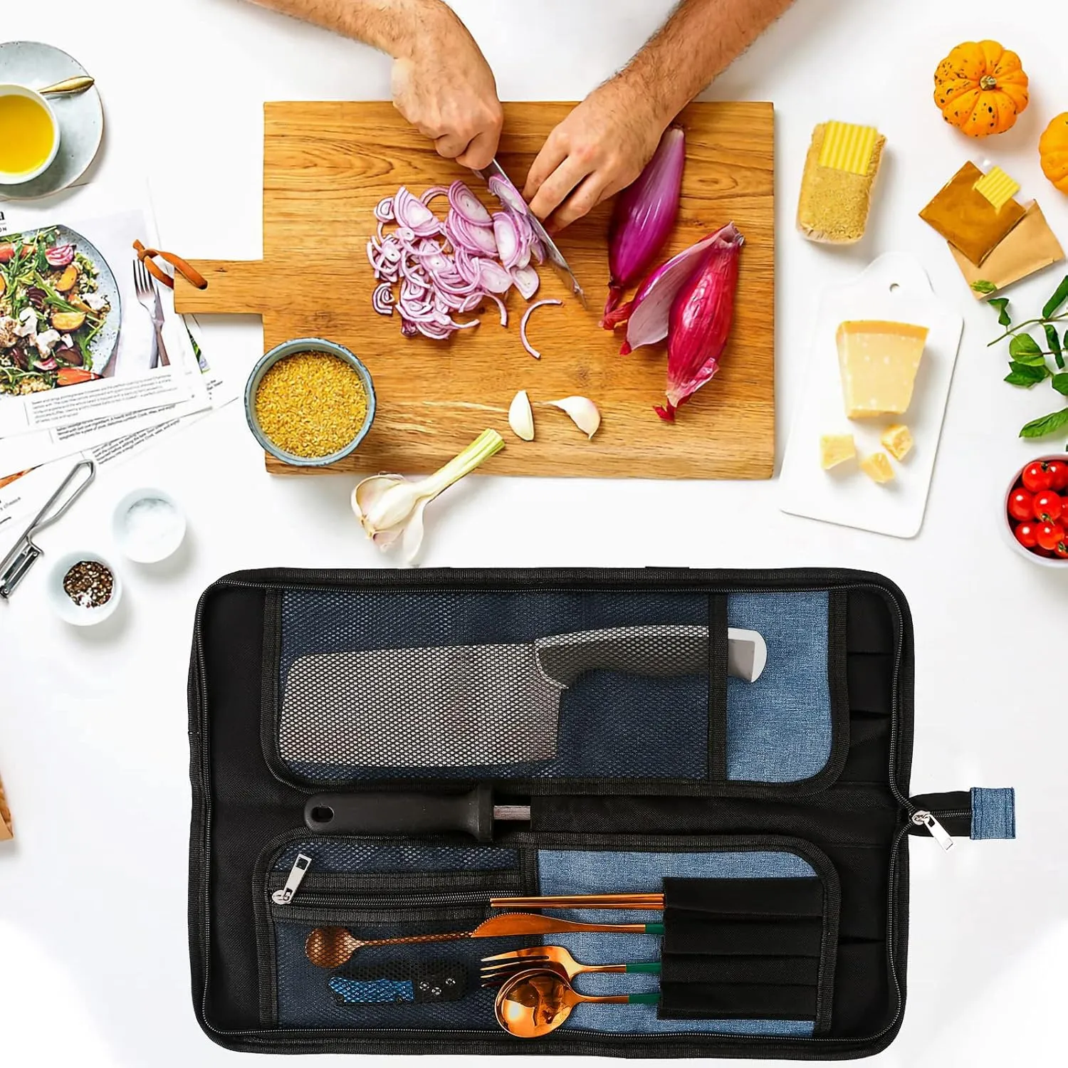 Chef’s Knife Roll Bag, Heavy Duty Oxford Chef Knife Bag, Portable 13 Slots Chef Knife Case, Multi-function Cutlery Knives Pouch Holder Knife Wrap Wallet Tool Roll