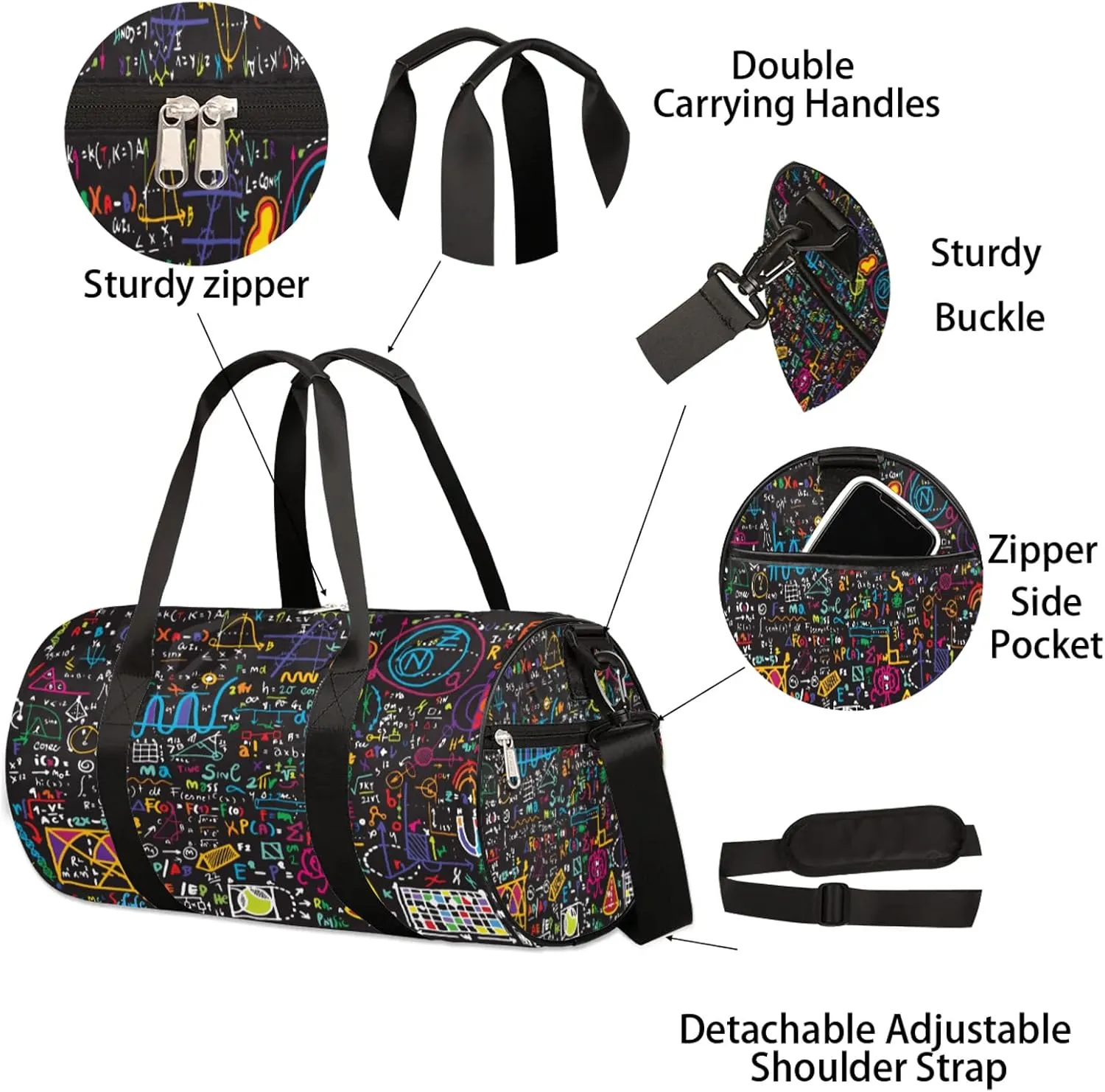 Chemical Formulas Cool Print Sports Gym Bag for Men Women Lightweight Travel Duffle Bag with Shoulder Strap Waterproof Carry On Weekender Overnight Bag for Travel Sports Gym