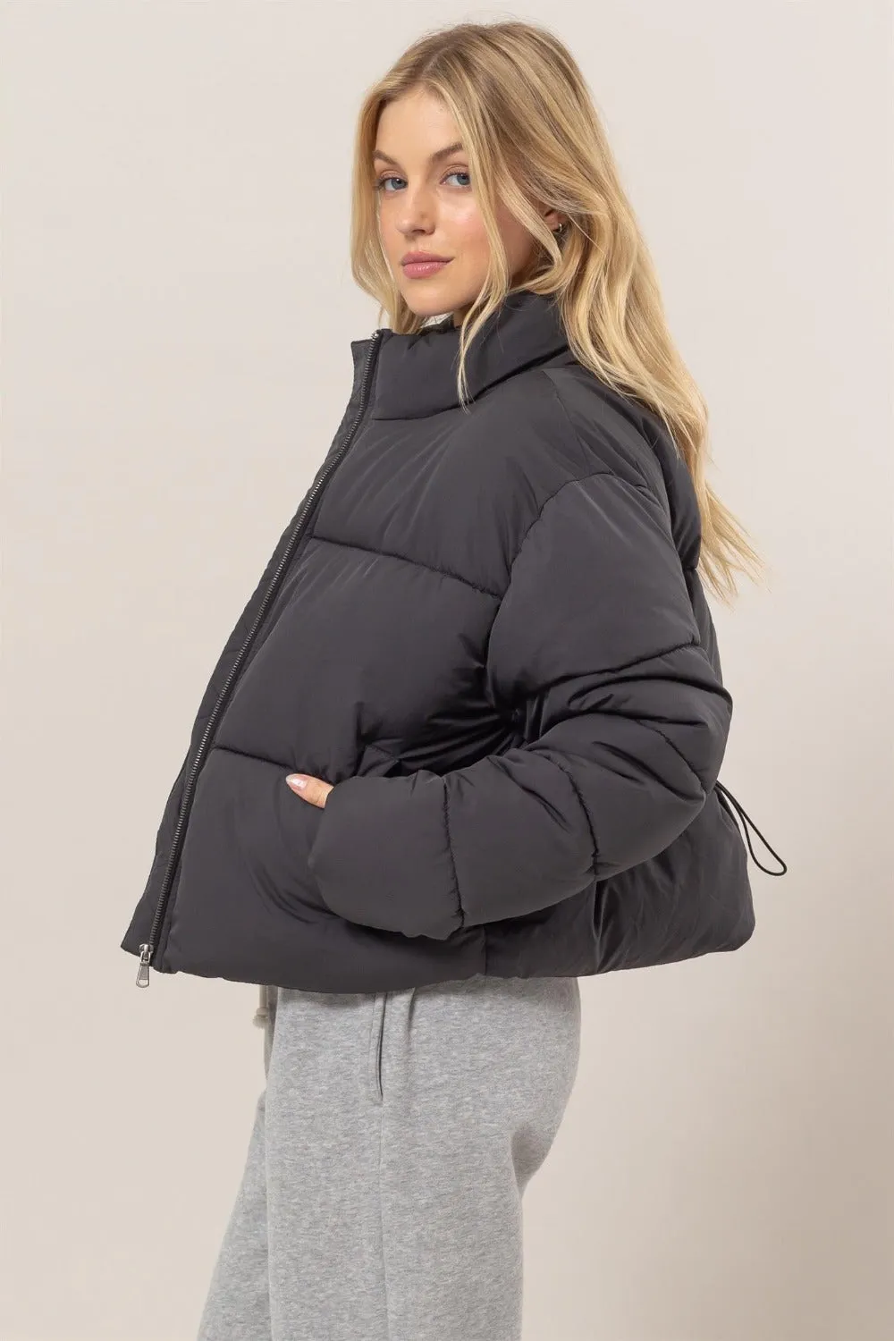 Chill Shield (Black) Quilted Back Drawstring Puffer Jacket
