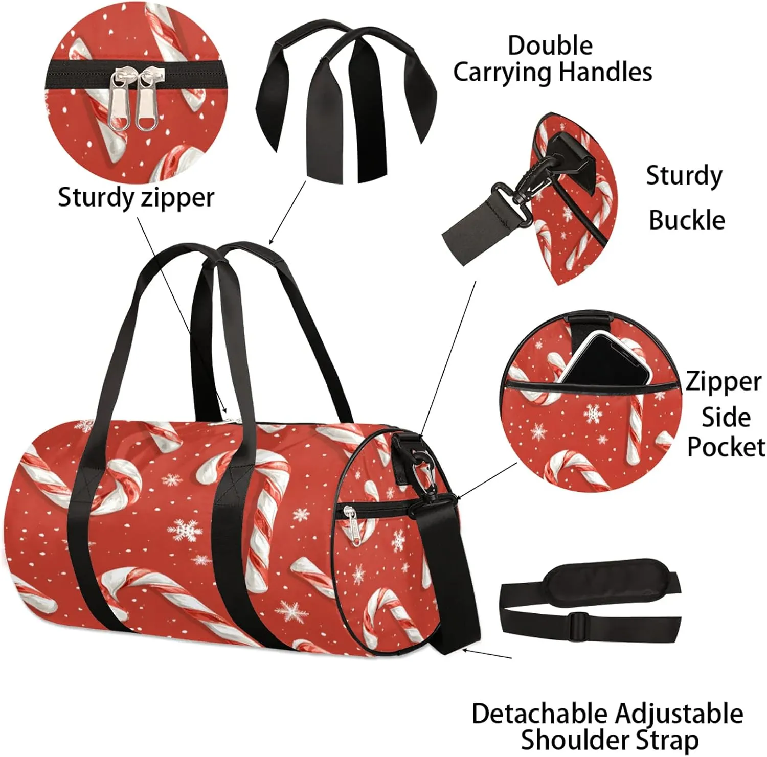 Christmas Candy Cane Sports Gym Bag for Men Women Lightweight Travel Duffle Bag with Shoulder Strap Waterproof Carry On Weekender Overnight Bag for Travel Sports Gym