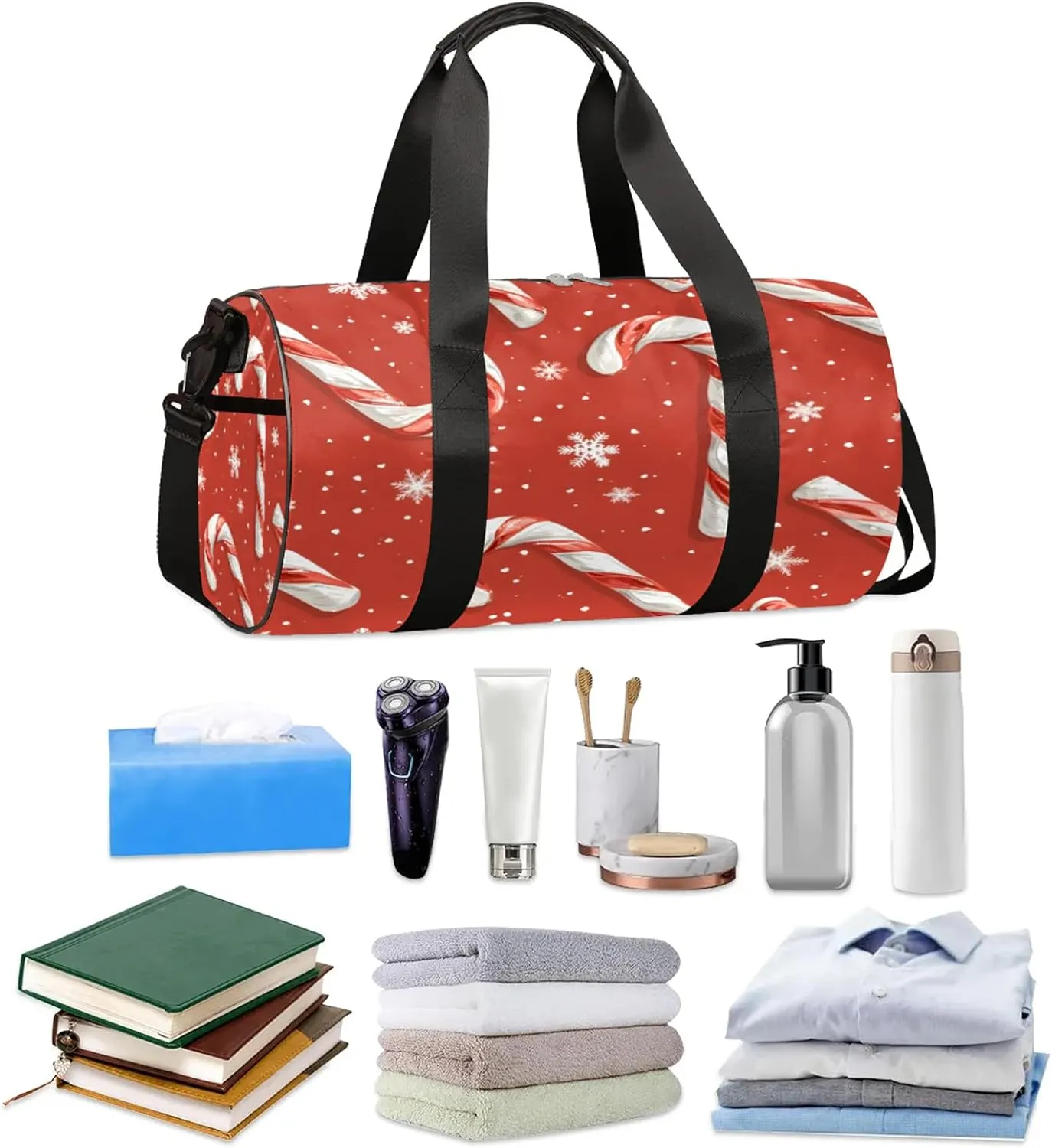 Christmas Candy Cane Sports Gym Bag for Men Women Lightweight Travel Duffle Bag with Shoulder Strap Waterproof Carry On Weekender Overnight Bag for Travel Sports Gym