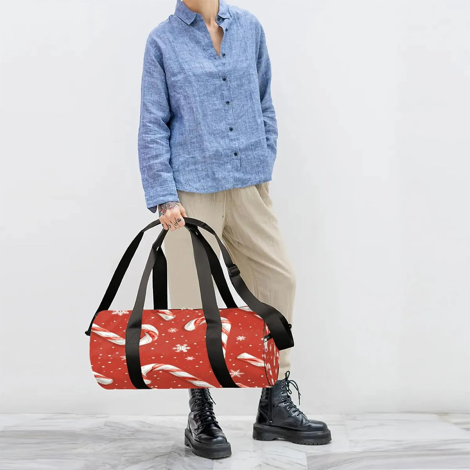 Christmas Candy Cane Sports Gym Bag for Men Women Lightweight Travel Duffle Bag with Shoulder Strap Waterproof Carry On Weekender Overnight Bag for Travel Sports Gym