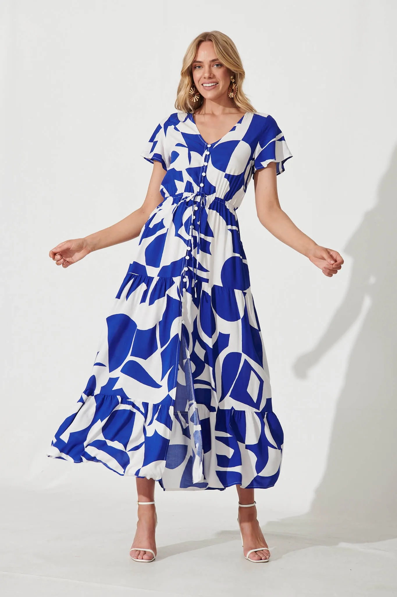 Clairie Maxi Dress In Cobalt With White Geometric Print