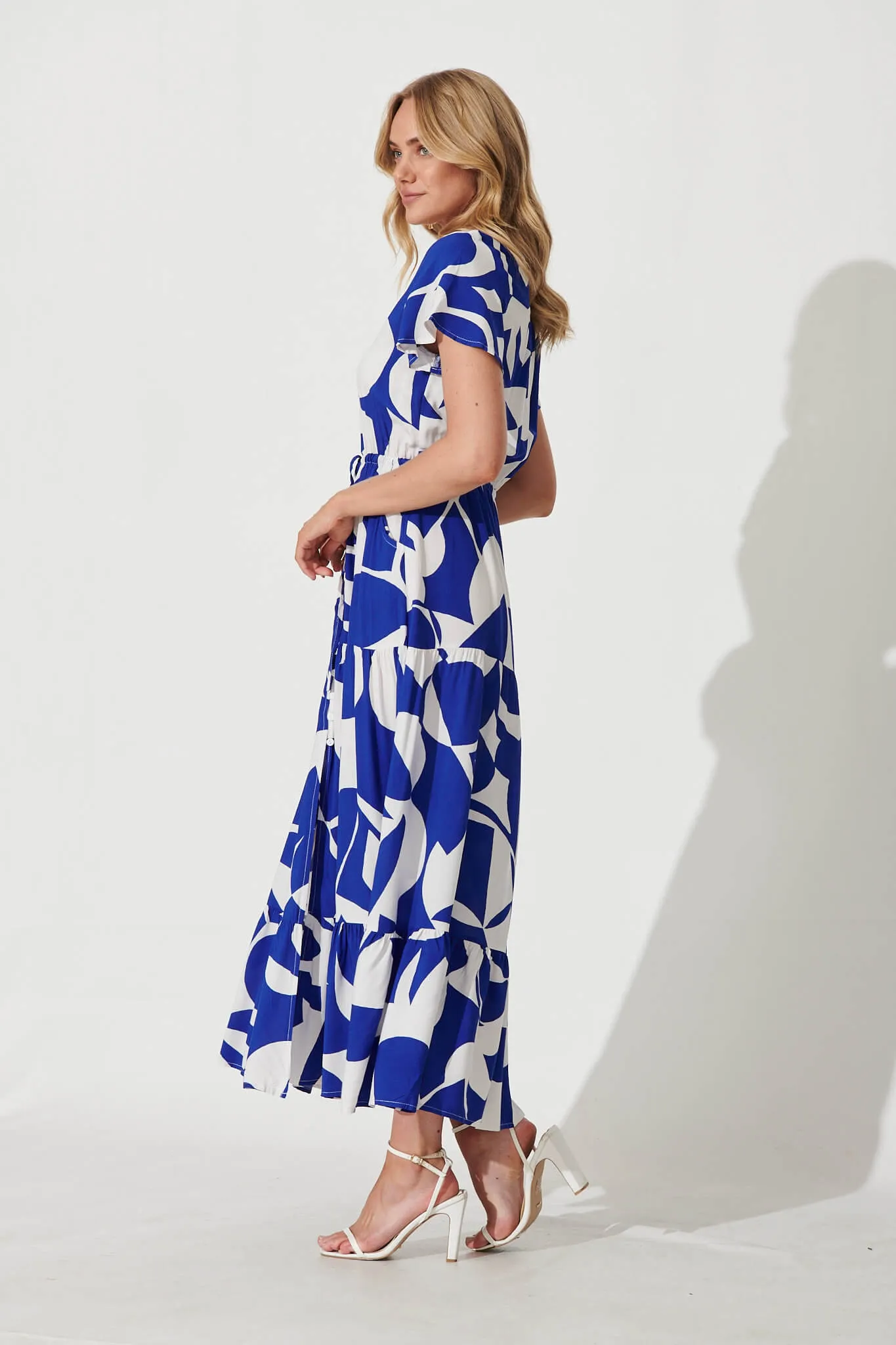 Clairie Maxi Dress In Cobalt With White Geometric Print