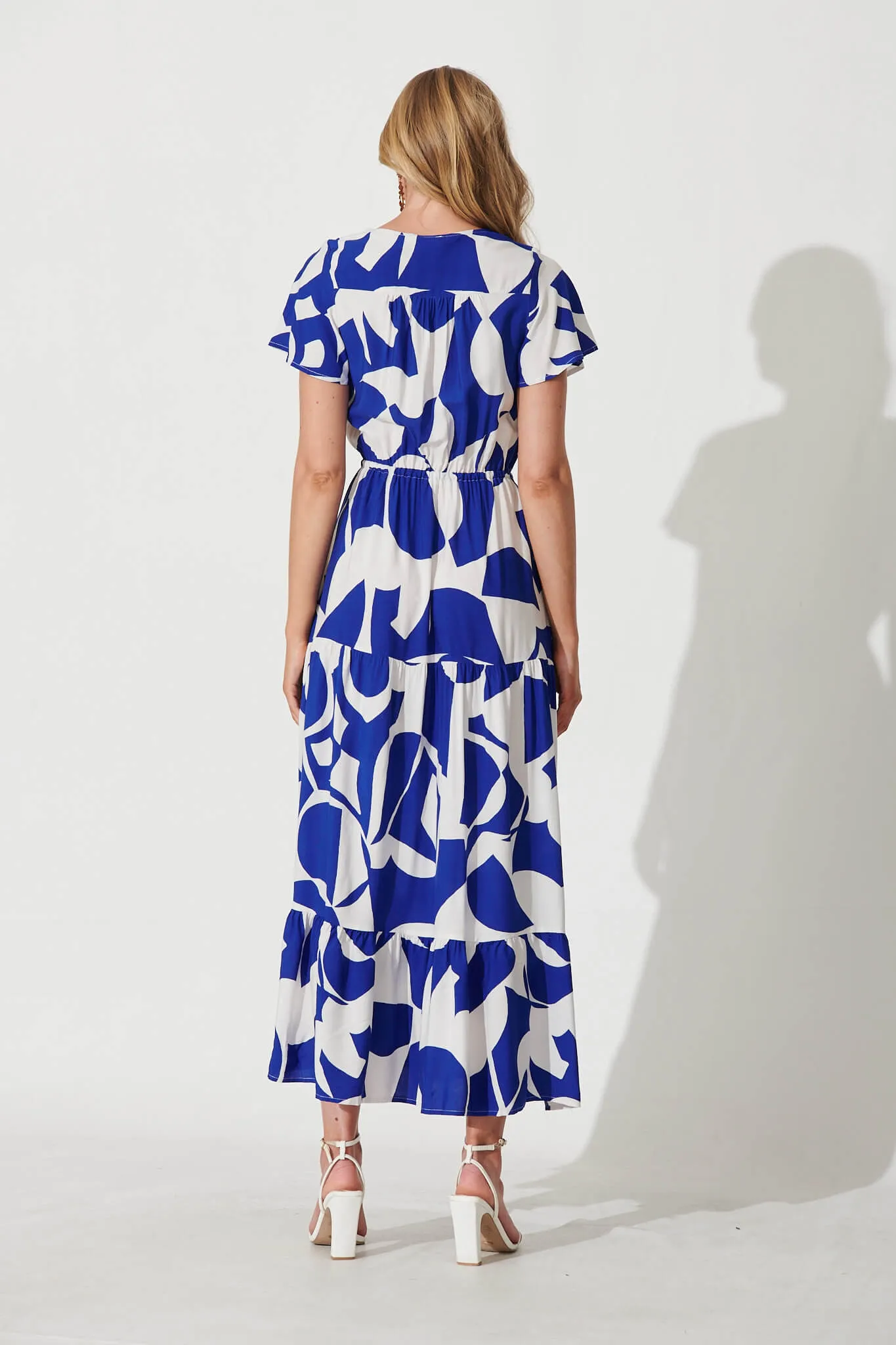 Clairie Maxi Dress In Cobalt With White Geometric Print