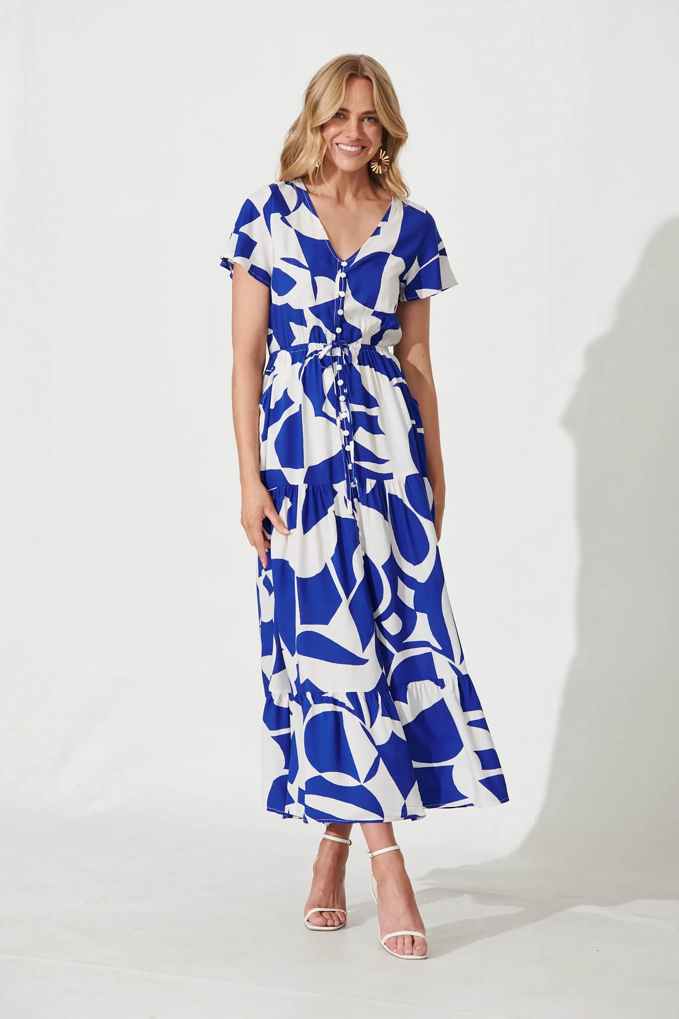 Clairie Maxi Dress In Cobalt With White Geometric Print