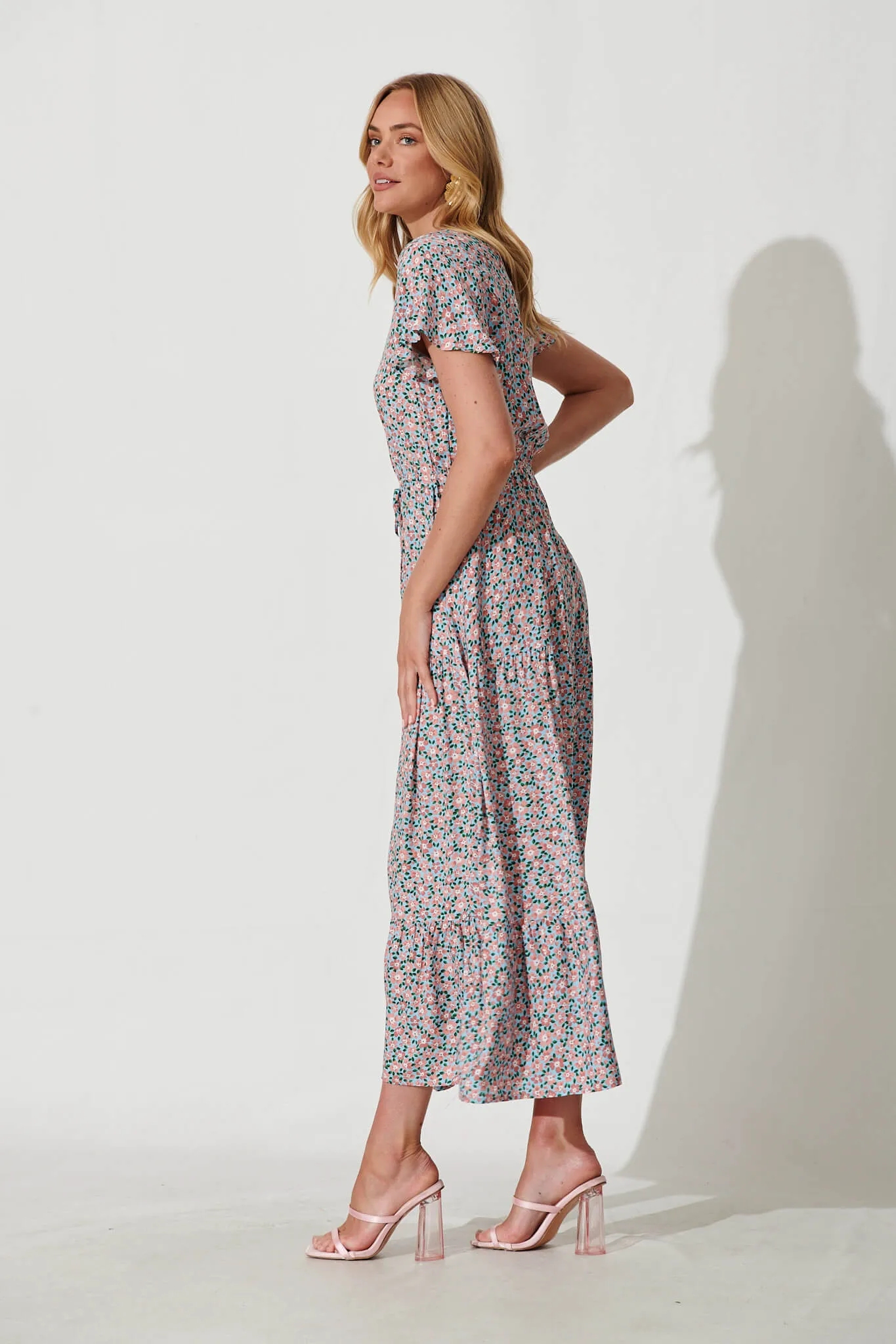 Clairie Maxi Dress In Sky Blue With Pink Ditsy Print