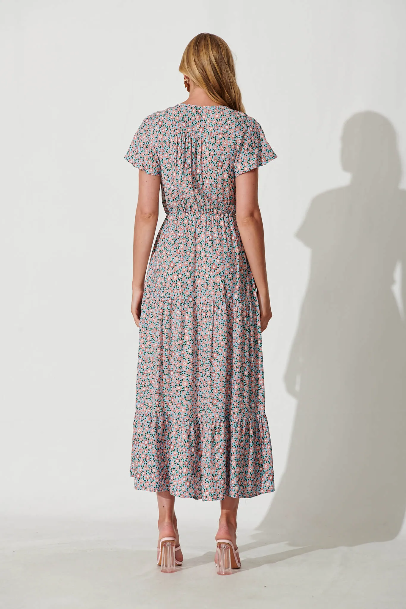 Clairie Maxi Dress In Sky Blue With Pink Ditsy Print