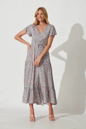 Clairie Maxi Dress In Sky Blue With Pink Ditsy Print