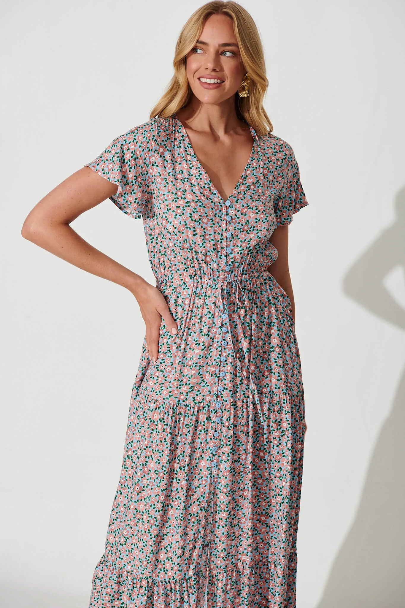 Clairie Maxi Dress In Sky Blue With Pink Ditsy Print