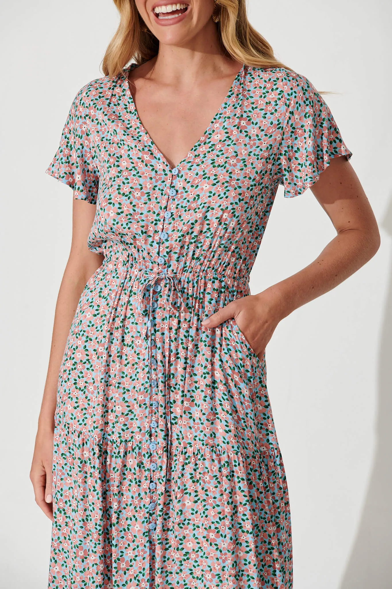 Clairie Maxi Dress In Sky Blue With Pink Ditsy Print