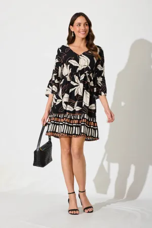 Clarice Dress In Black With Cream Floral Print