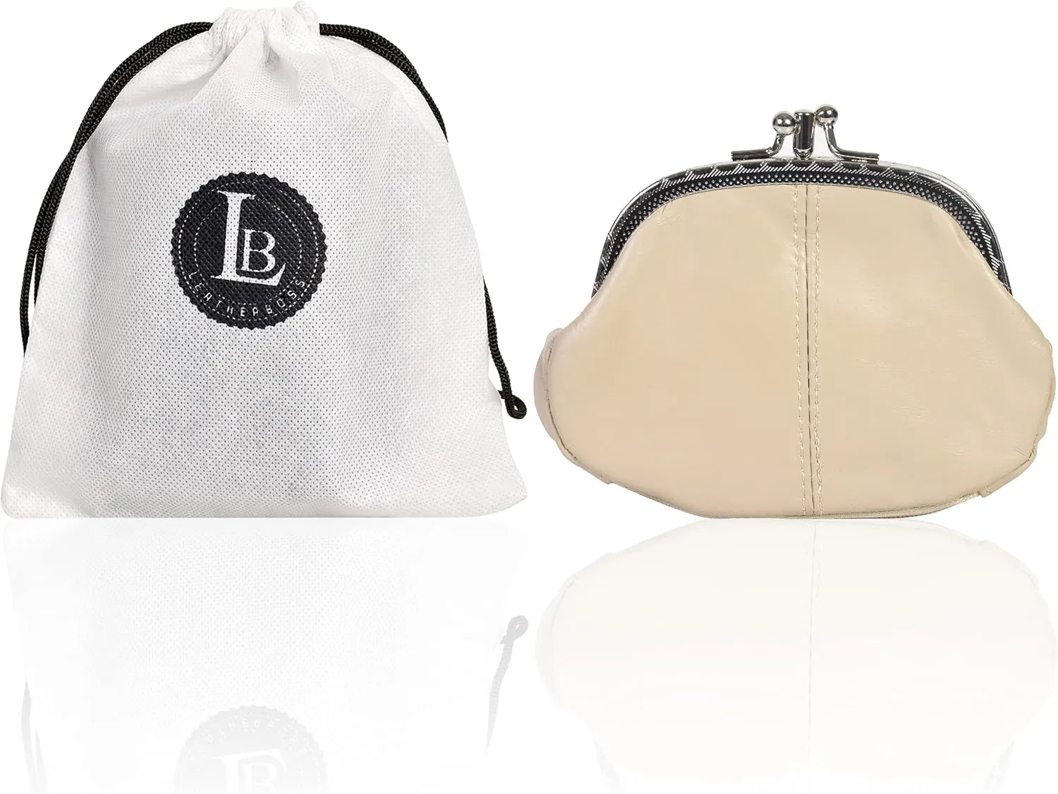 Coin Purse Double Frame with Zipper Pocket - Beige