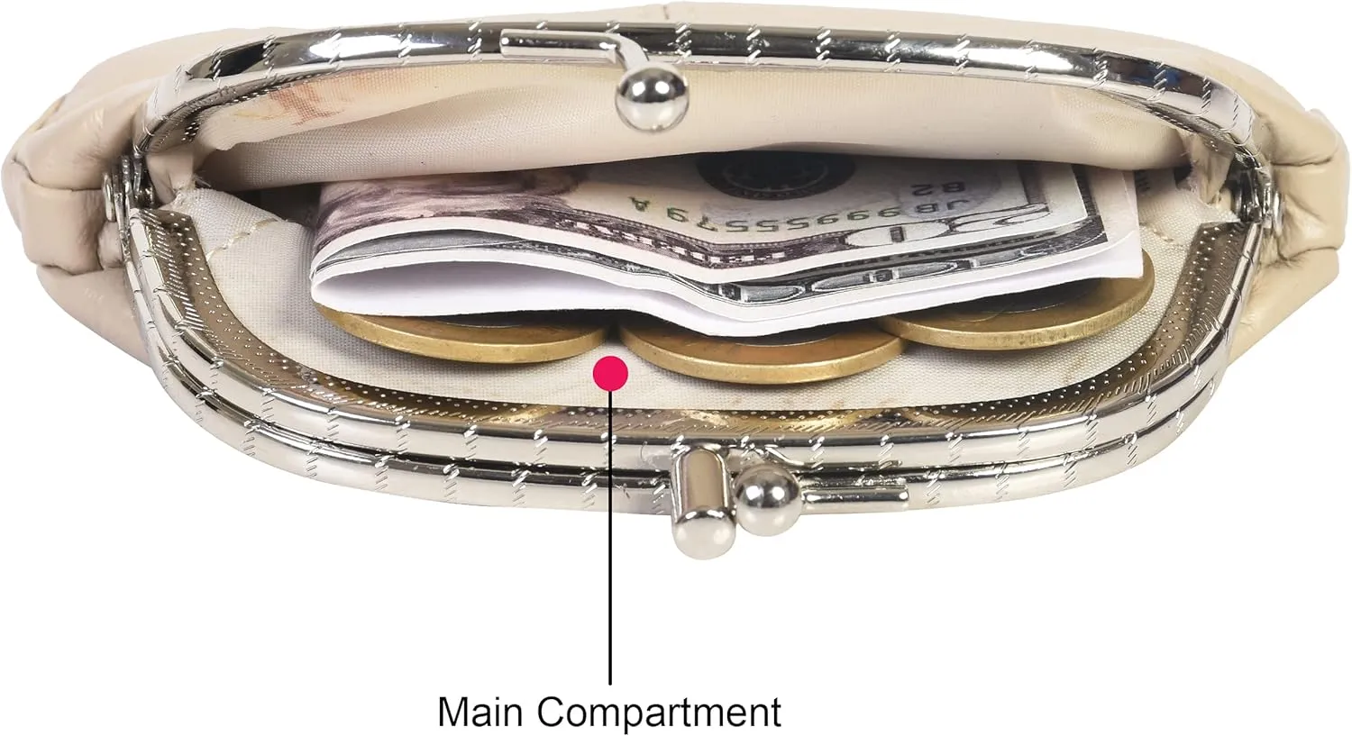 Coin Purse Double Frame with Zipper Pocket - Beige